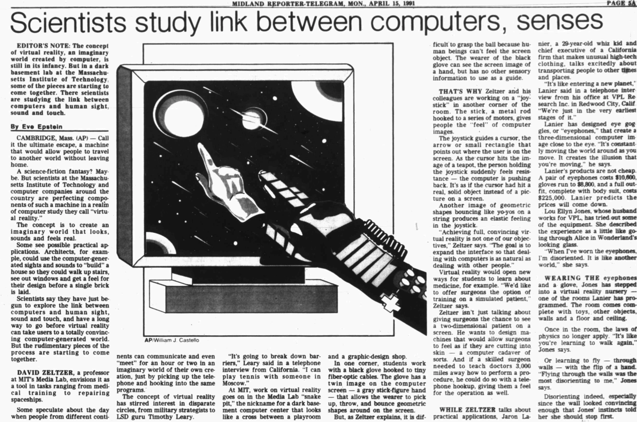 Scanned newspaper page: 'Scientists study link between computers, senses' — AP story on virtual reality, Midland Reporter-Telegram, April 15, 1991